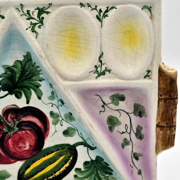 Vintage Hand Painted Italy Vegetable and Egg Crudites Dish D'Oeuvres Platter - Picture 4 of 7